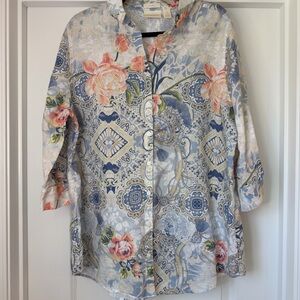 Chicos No Iron Tunic Top 3 (XL)  Floral Tassel Print 100% Linen Blue Cream